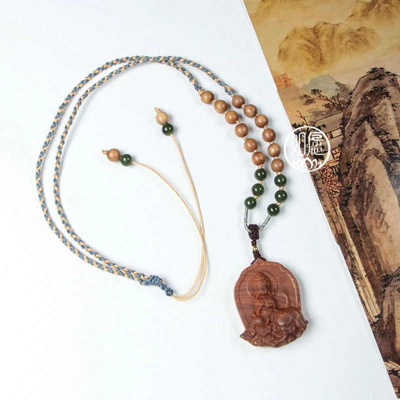 如愿阁印度正宗上等老山檀天然吊坠雕刻女士款文玩国风项链高品质