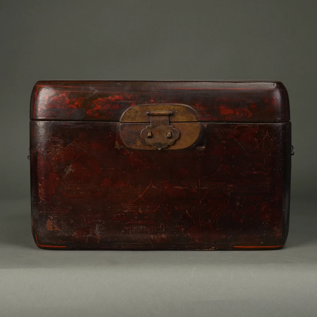 LOT 052406清中期 大漆描金亭阁人物纹箱【古董拍卖】