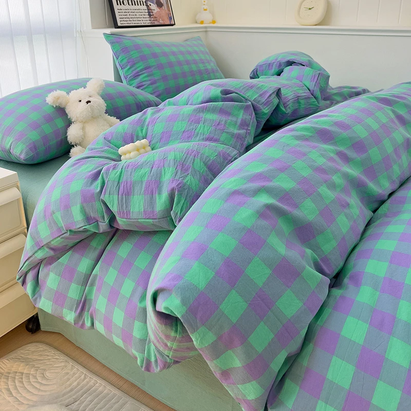 日式无印风A类简约全棉色织水洗棉格子单人双人被套加厚床单被罩