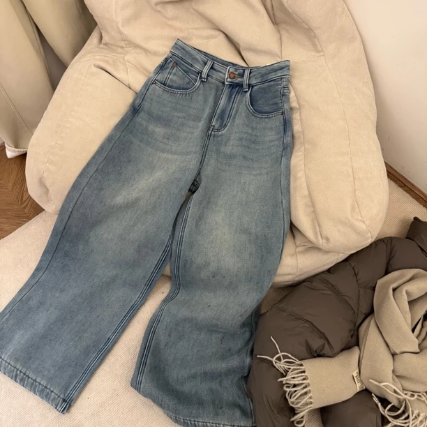 韩代款2024冬季巨显瘦高腰水洗蓝色加绒百搭阔腿牛仔裤