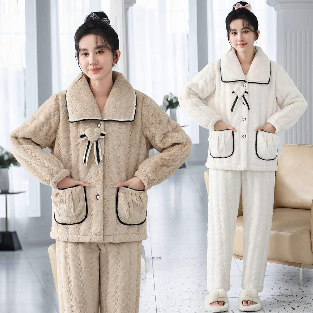 睡衣女冬季三层夹棉加厚保暖加绒居家服适穿温度穿温度(-5℃~10℃)