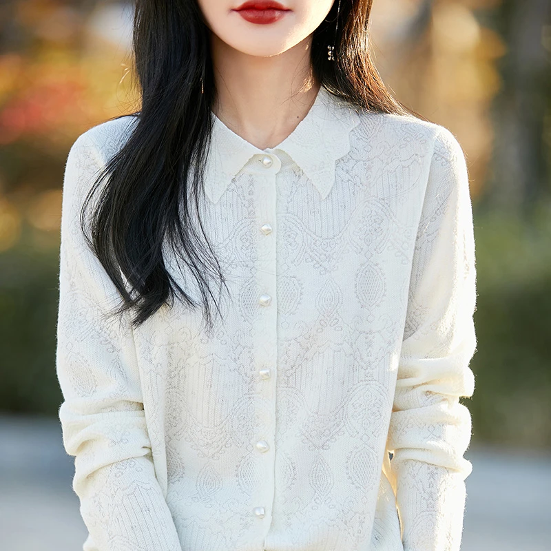 【精纺羊毛】POLO领镂空提花翻领珍珠扣时尚开衫长袖PY6166