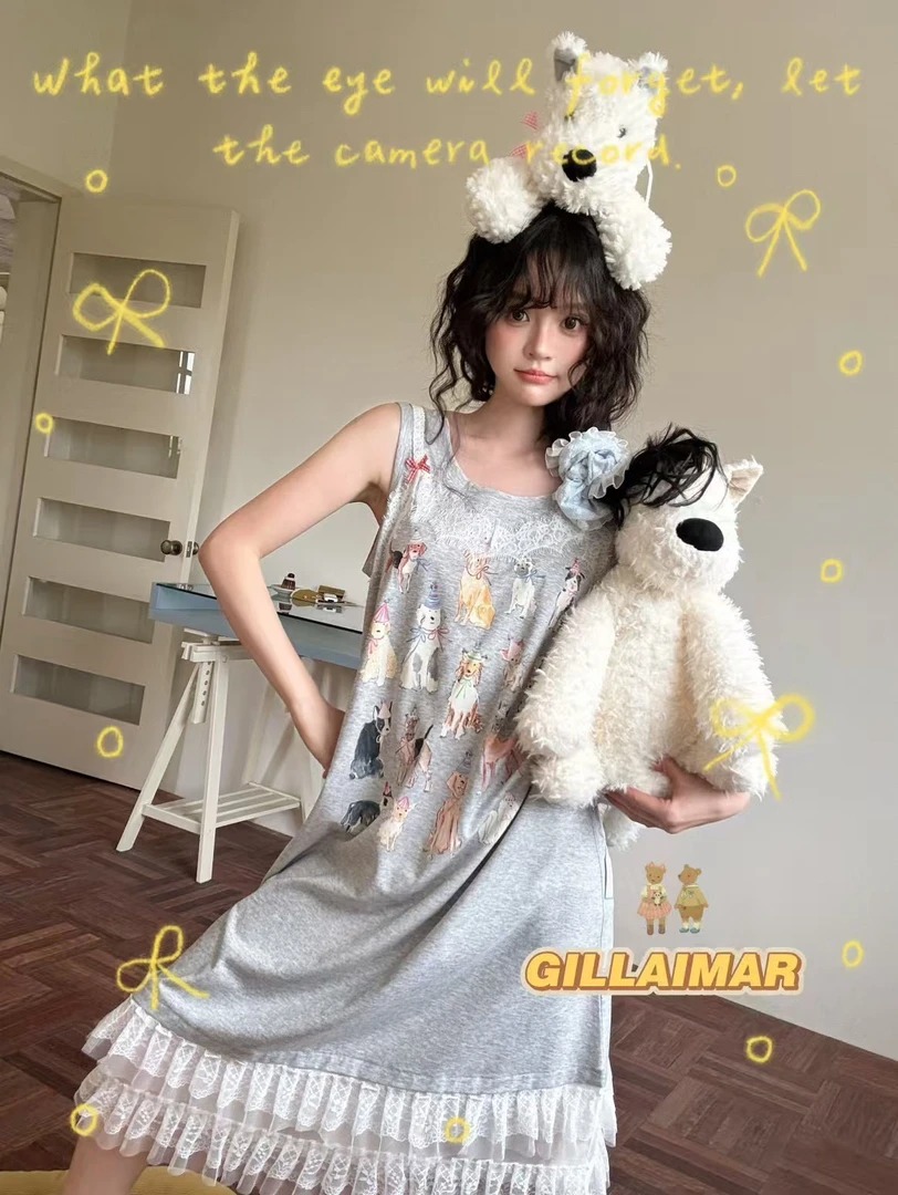 小熊家夏季薄款无袖卡通可爱大码中长款女士睡裙家居服7986