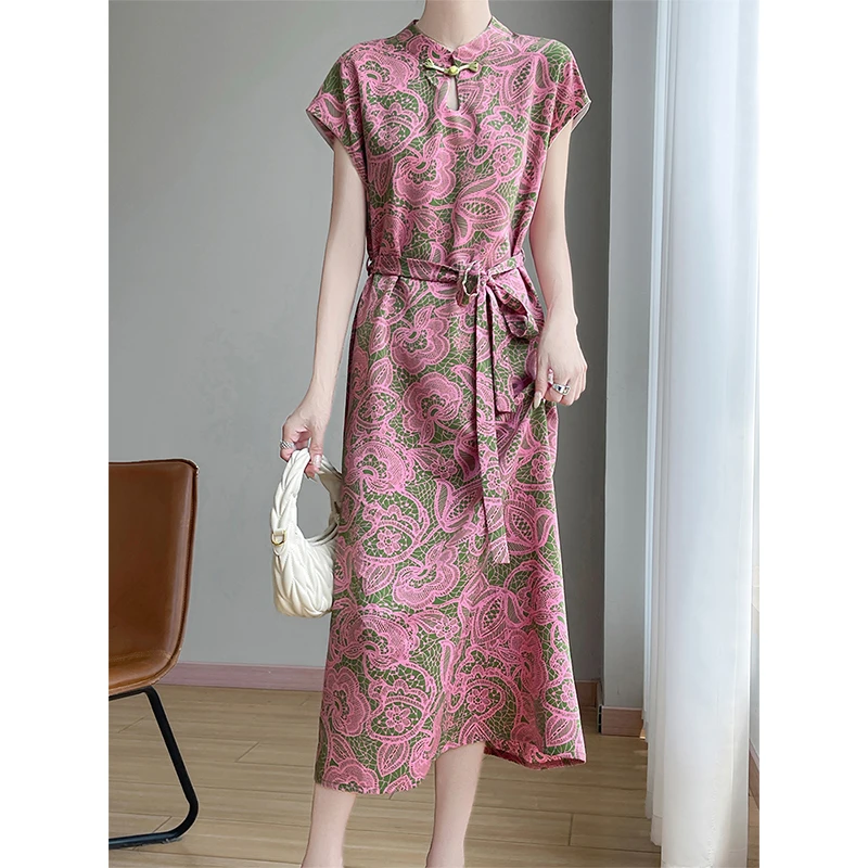 新中式短袖连衣裙夏季时尚复古气质国风改良旗袍腰带收腰印花长裙