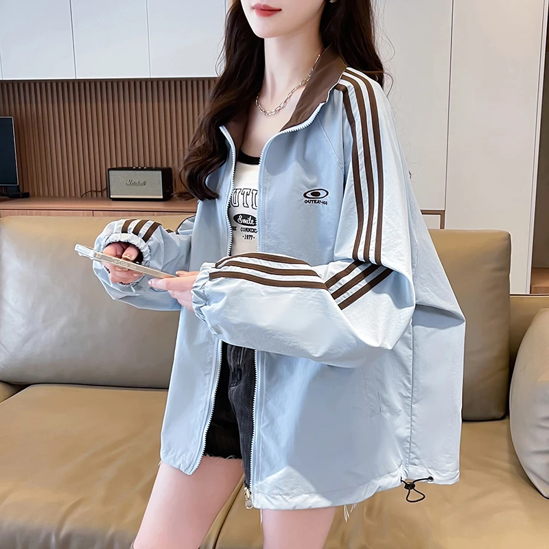 双面穿三条杠条纹拼接立领外套春秋初中生大童休闲宽松bf夹克上衣