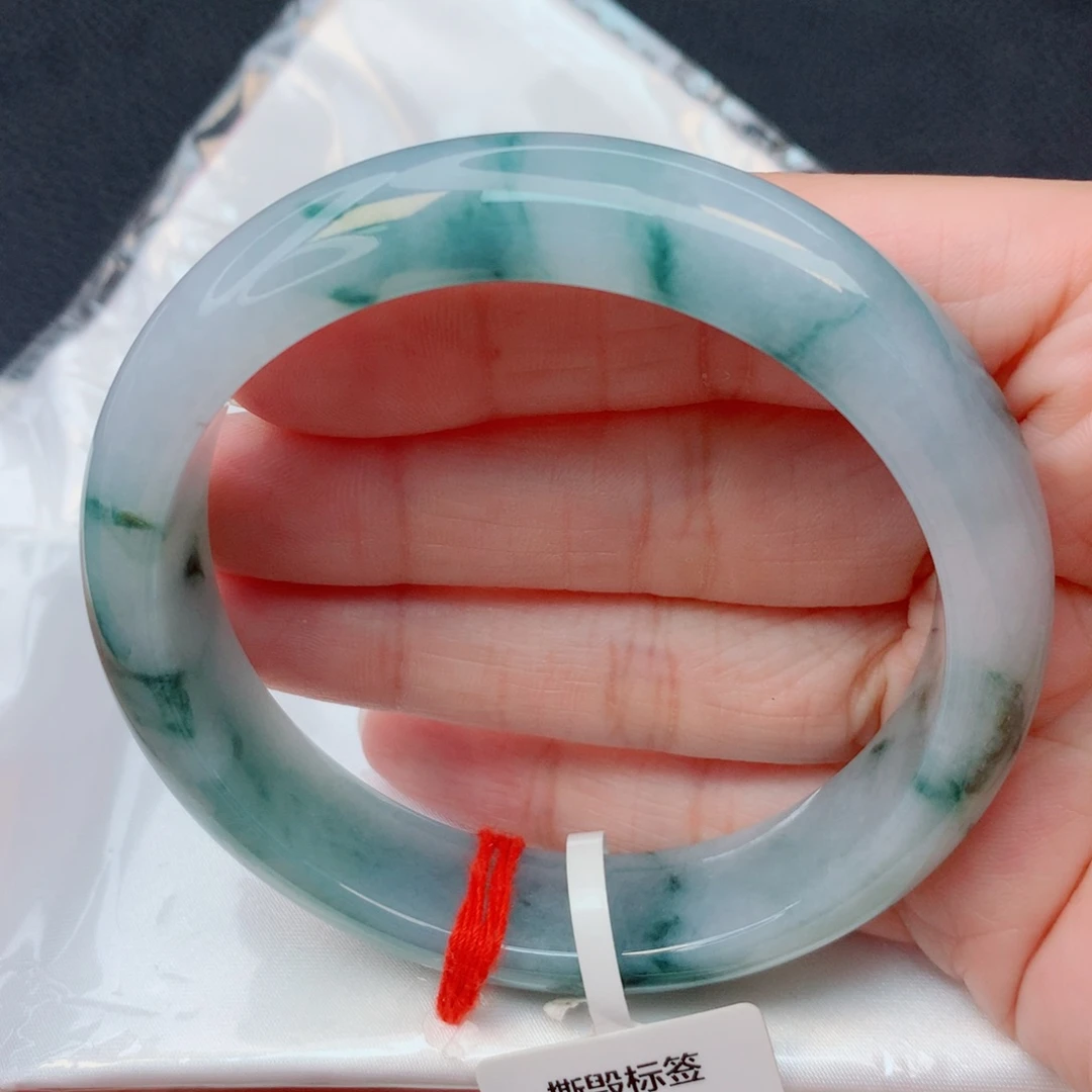 翡翠未镶嵌手镯59.7圈 细糯冰飘蓝花宽镯