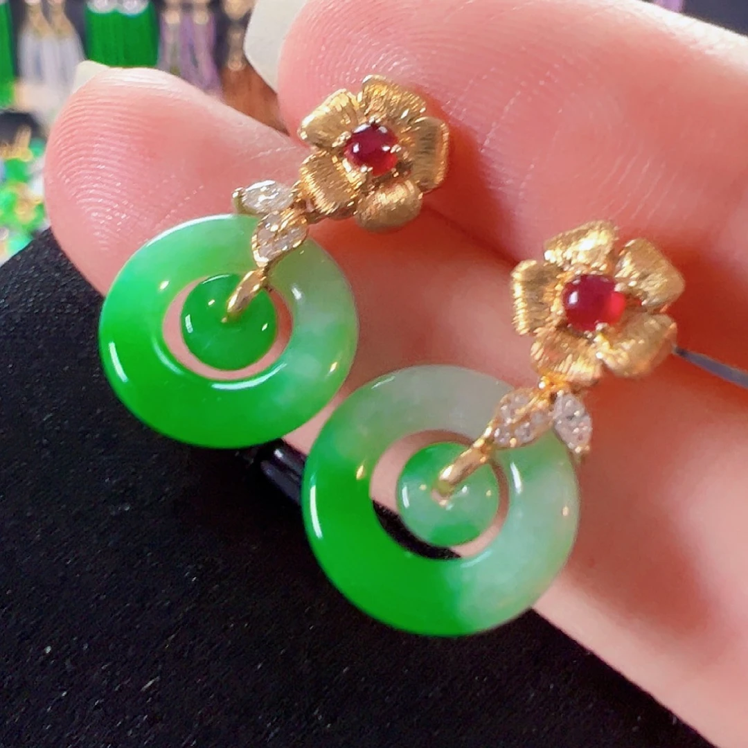 翡翠18K金镶嵌耳饰签收后24小时鉴赏期