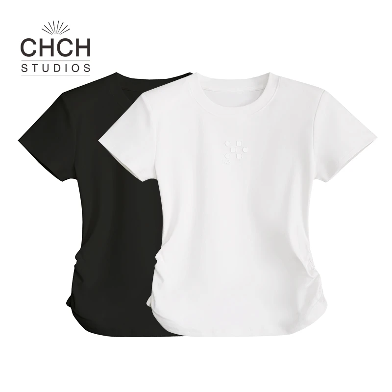 JY3TX2705时尚压花褶皱显瘦百搭女装t夏季短袖T恤女女款舒适春夏