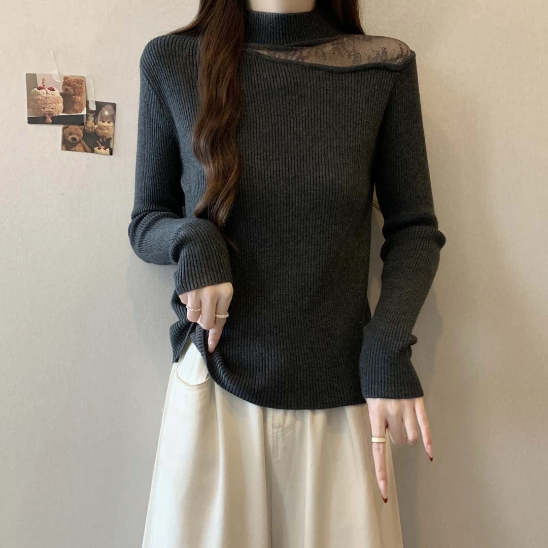 设计感蕾丝拼接小心机纯欲打底衫女春秋冬胖mm洋气百搭显瘦针织衫