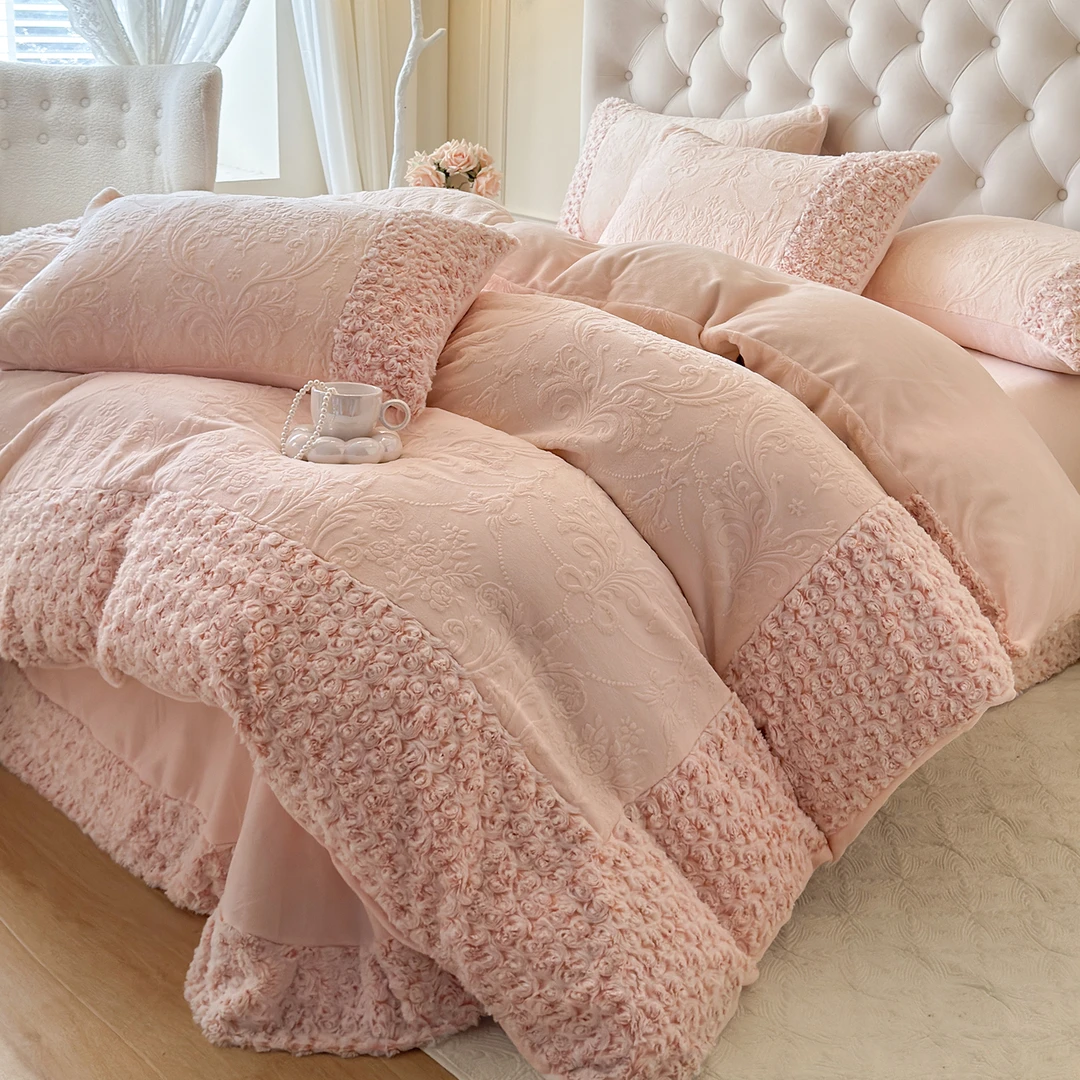 法式高端雕花牛奶绒加厚四件套花边床盖公主风双面绒加绒被套床品