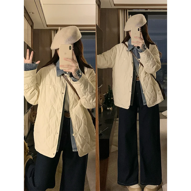 大码假两件牛仔拼接轻薄羽绒棉服外套女冬季胖mm保暖显瘦短款大衣