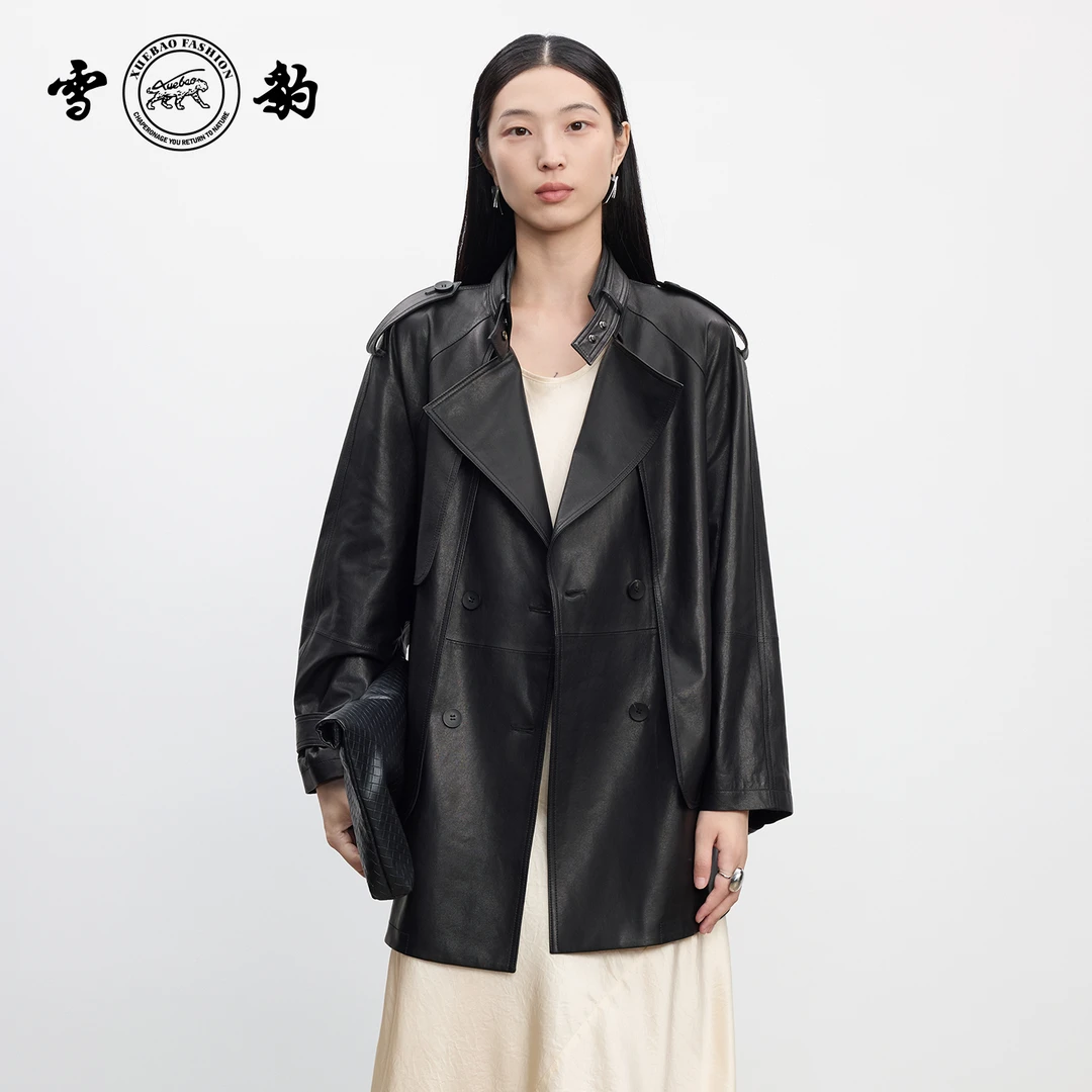 【专柜】96018秋冬头层绵羊皮复古休闲真皮女雪豹翻领束腰皮夹克