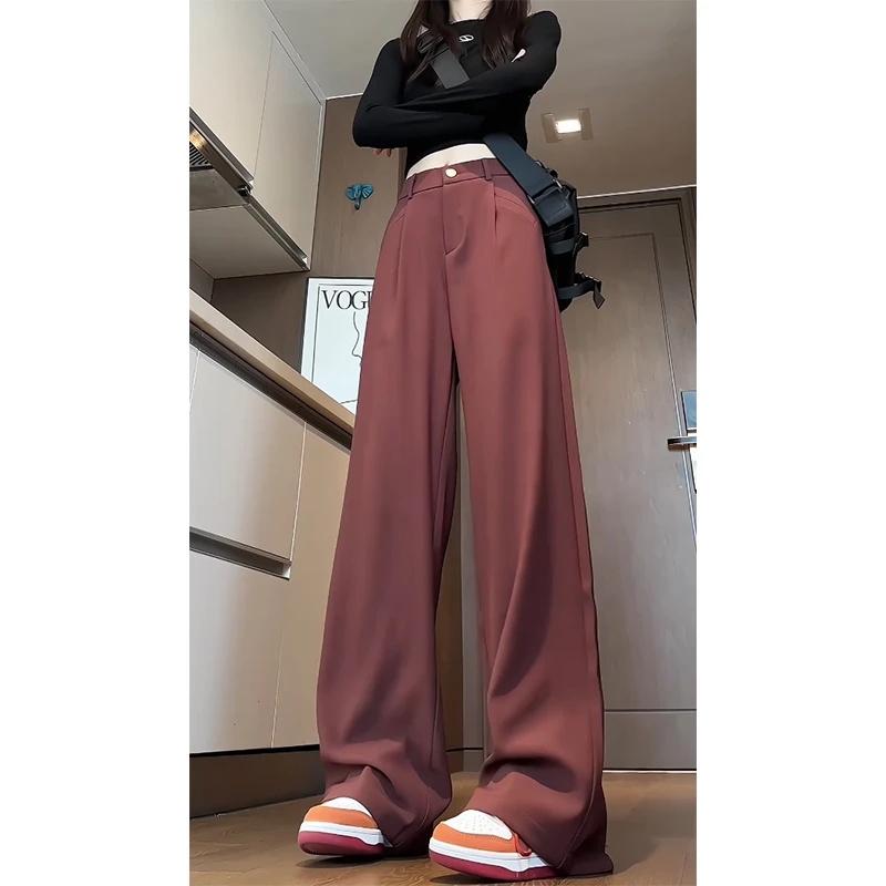 安哥拉红休闲西裤垂坠感高级直筒阔腿裤子女大码显瘦宽松长裤