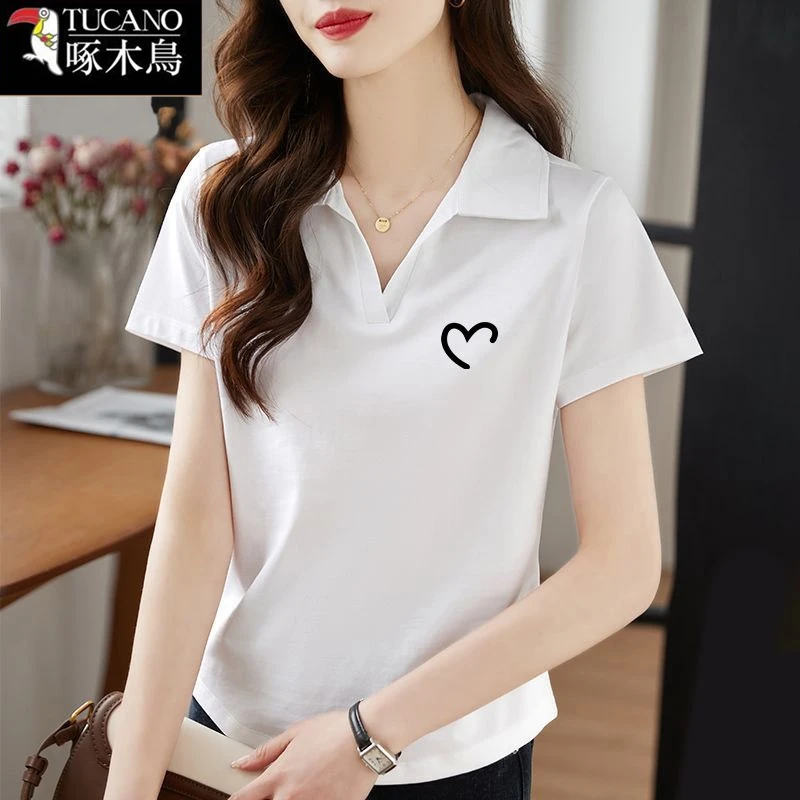 啄木鸟新款翻领时尚减龄t恤女2025夏季薄款短袖休闲百搭印花上衣