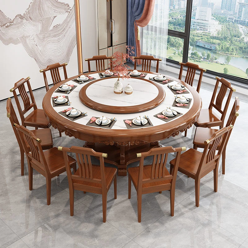 中式岩板餐桌餐桌椅饭桌组合家用圆形实木酒店圆桌高档转盘电磁炉