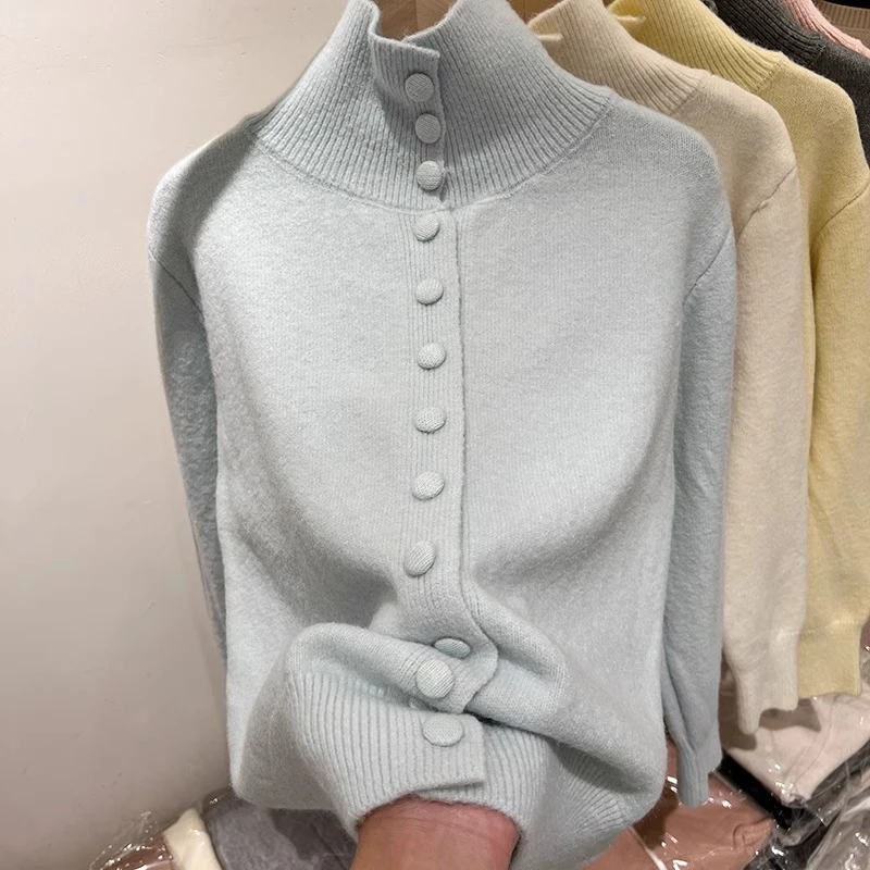 芯娇晴纽扣高领软糯长袖针织衫开衫毛衣女2025春秋新款打底衫上衣