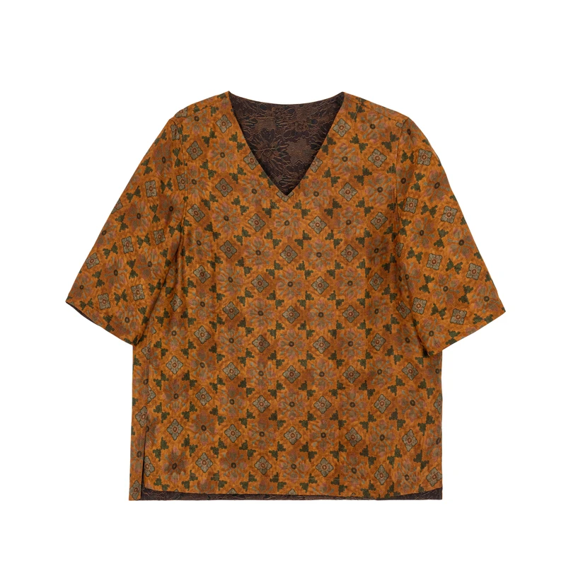 【奕槿】桑蚕丝新中式国风V领夏季宽松百搭休闲宽松短袖A512182