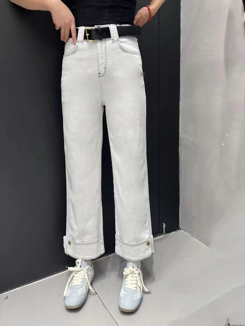 欧货灰白色直筒牛仔裤夏季2025老钱风高腰宽松翻边阔腿裤女九分裤