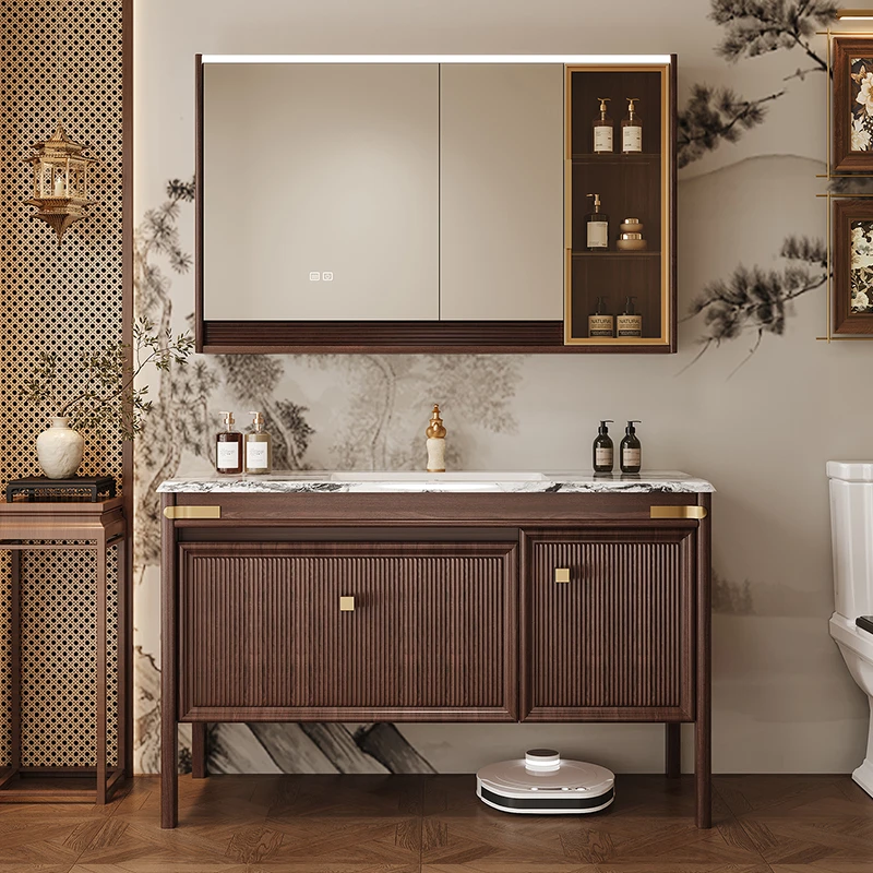 奢石新中式橡木浴室柜组合卫生间洗漱台陶瓷盆一体盆洗手洗脸盆