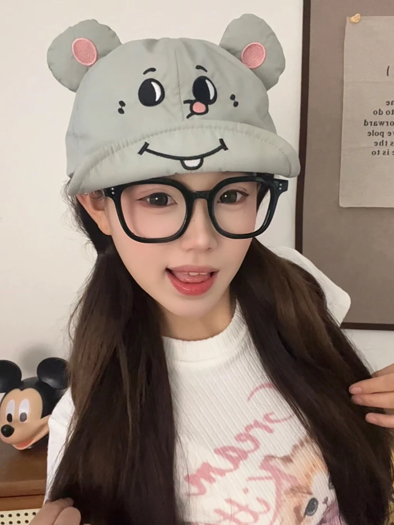 新款灰耗子大老鼠耳朵翻檐鸭舌帽夏季搞怪卡通透气百搭防晒棒球帽