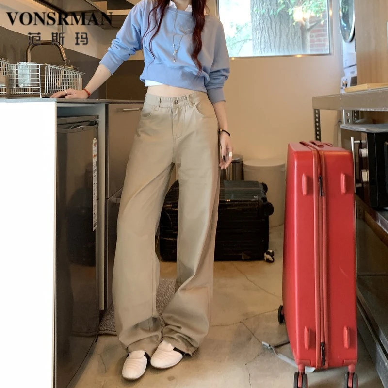 卡其色直筒牛仔裤女垂感拖地2024年夏季新款牛仔裤宽松阔腿裤
