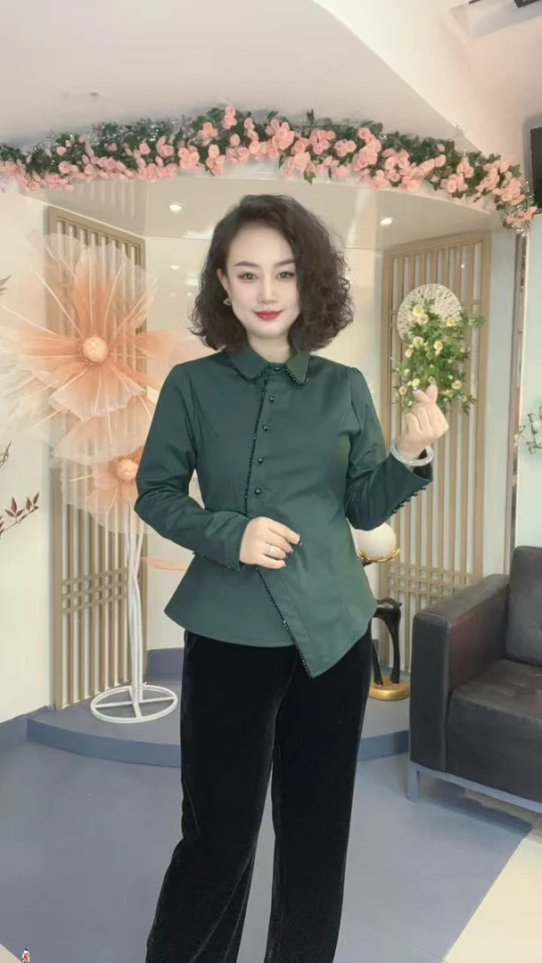 【秋冬加绒】时尚百搭修身显瘦设计感洋气偏襟缝珠加绒衬衫X女6081