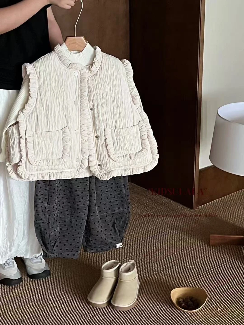 【三小只】由拉新款女童波点弯刀休闲裤加绒加厚冬季新款