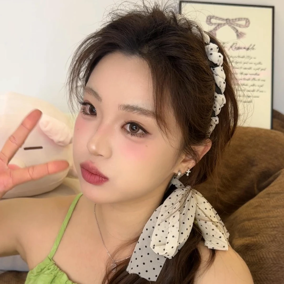 齿梳发箍升级了！新款波点飘带轻雪纺齿梳发箍高颅顶甜妹麻花辫