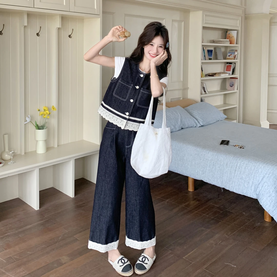 牛仔马甲蕾丝花边阔腿裤两件套女2025春夏新款时尚减龄宽松套装