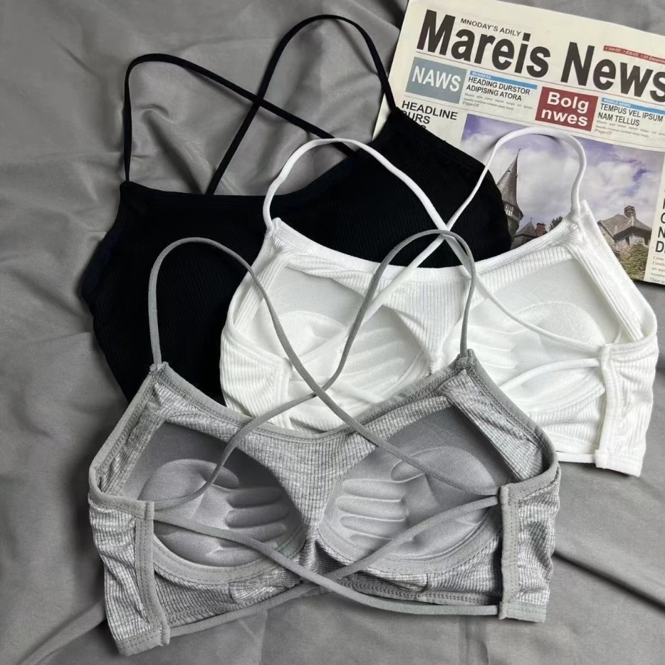 美背交叉细带一体式内衣女无钢圈少女吊带小背心2025简约