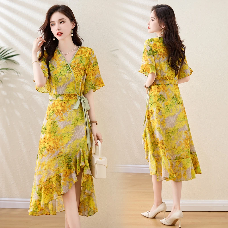 高级感印花雪纺连衣裙女夏2025新款气质减龄海边度假荷叶边鱼尾裙