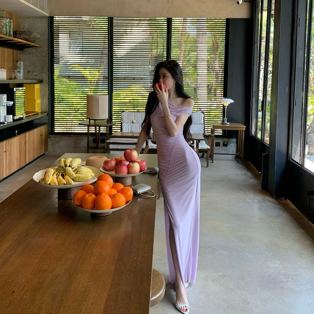 FBB limit 温柔修身裙斜肩不对称抽褶弹力网纱连衣裙优雅D251033E