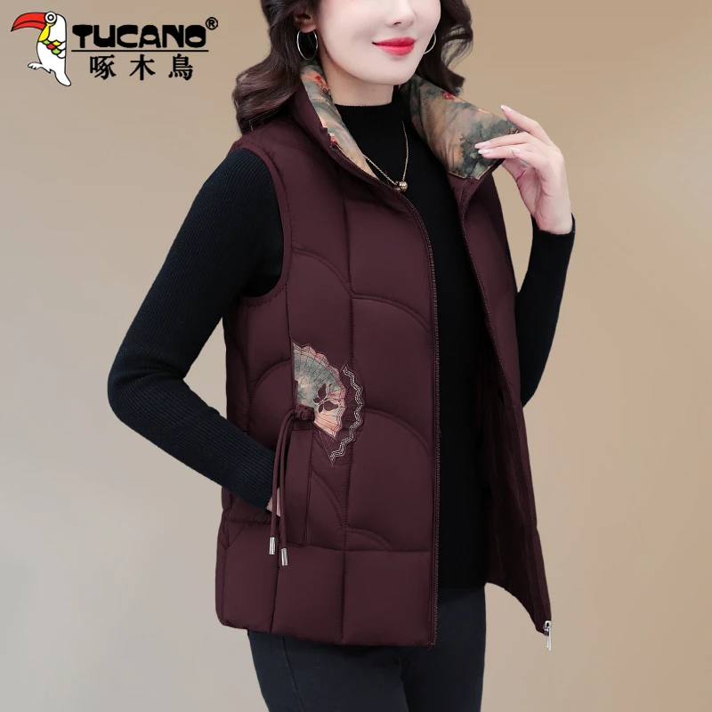 啄木鸟棉马甲女款2025新款秋冬立领短款马夹妈妈洋气背心坎肩上衣