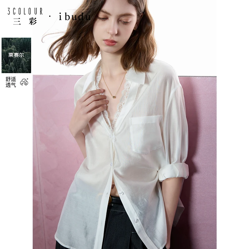 三彩ibudu2025春季新款宽松莱赛尔衬衫小衫开衫轻薄花边翻领