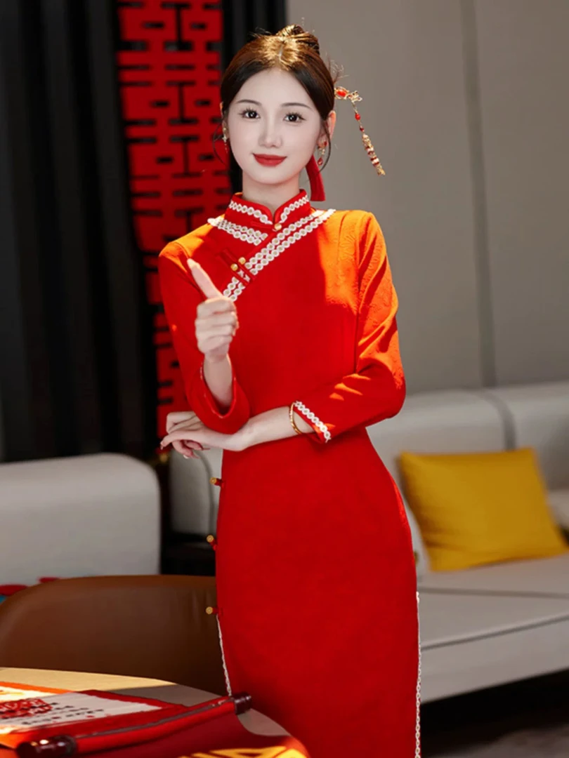 W-2307 韵色 提花锦 冬款加绒加厚年轻款改良旗袍130cm长款