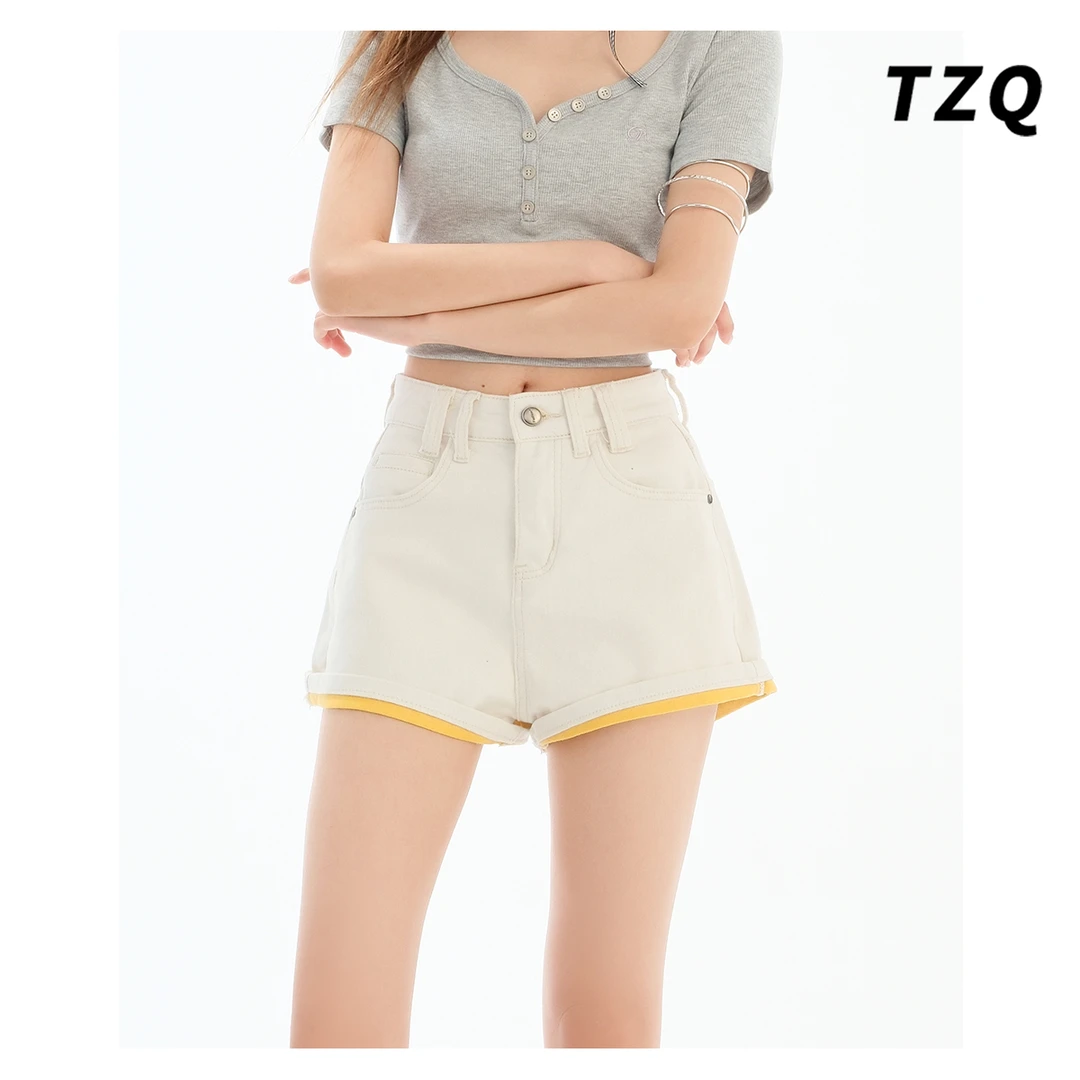 白色高腰卷边牛仔阔腿裤女2025夏季宽松显瘦a字热裤子TZQ2540402