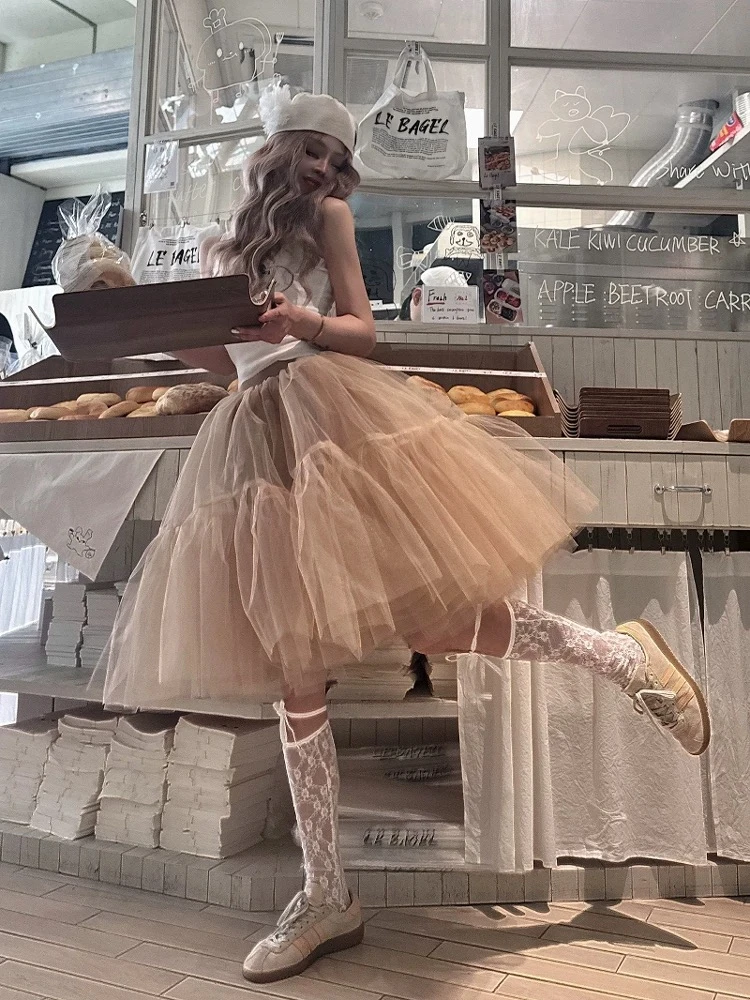 芭蕾风舞裙蓬蓬裙松紧腰A字百褶大裙摆藕色纱裙半身裙设计感小众