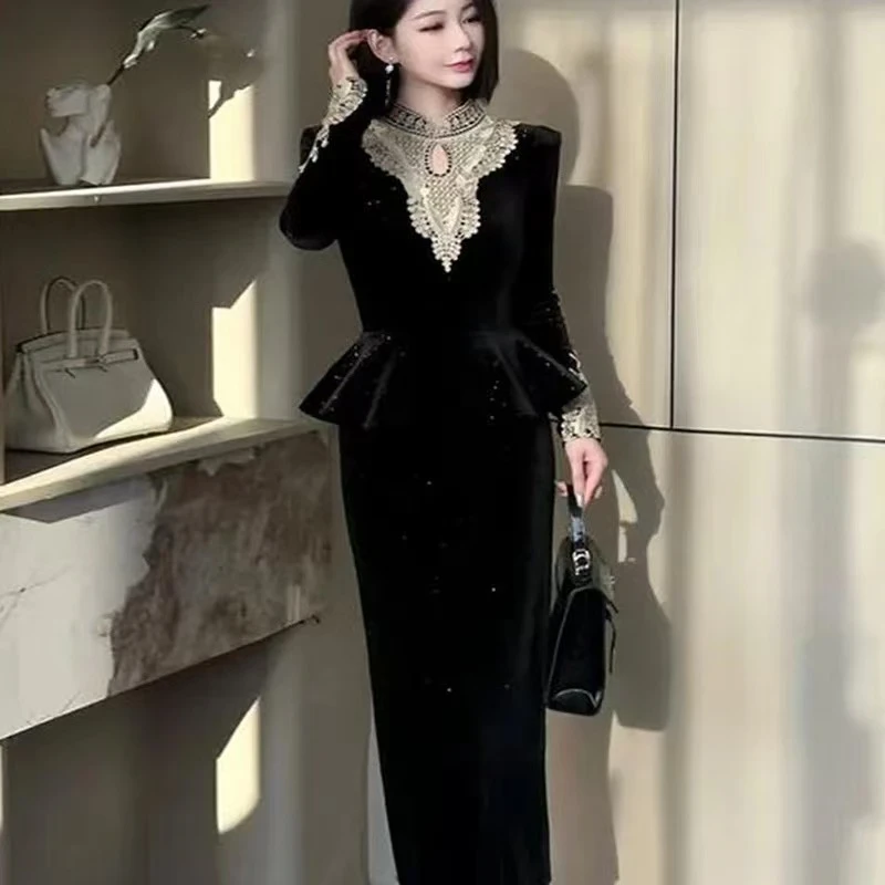 拼接长裙中长裙烫珠显瘦连衣裙连衣裙气质修身礼服Y0161