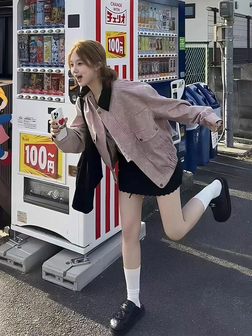 玫瑰茶渍 巴恩风两色拼接领外套女宽松廓形口袋显瘦上衣