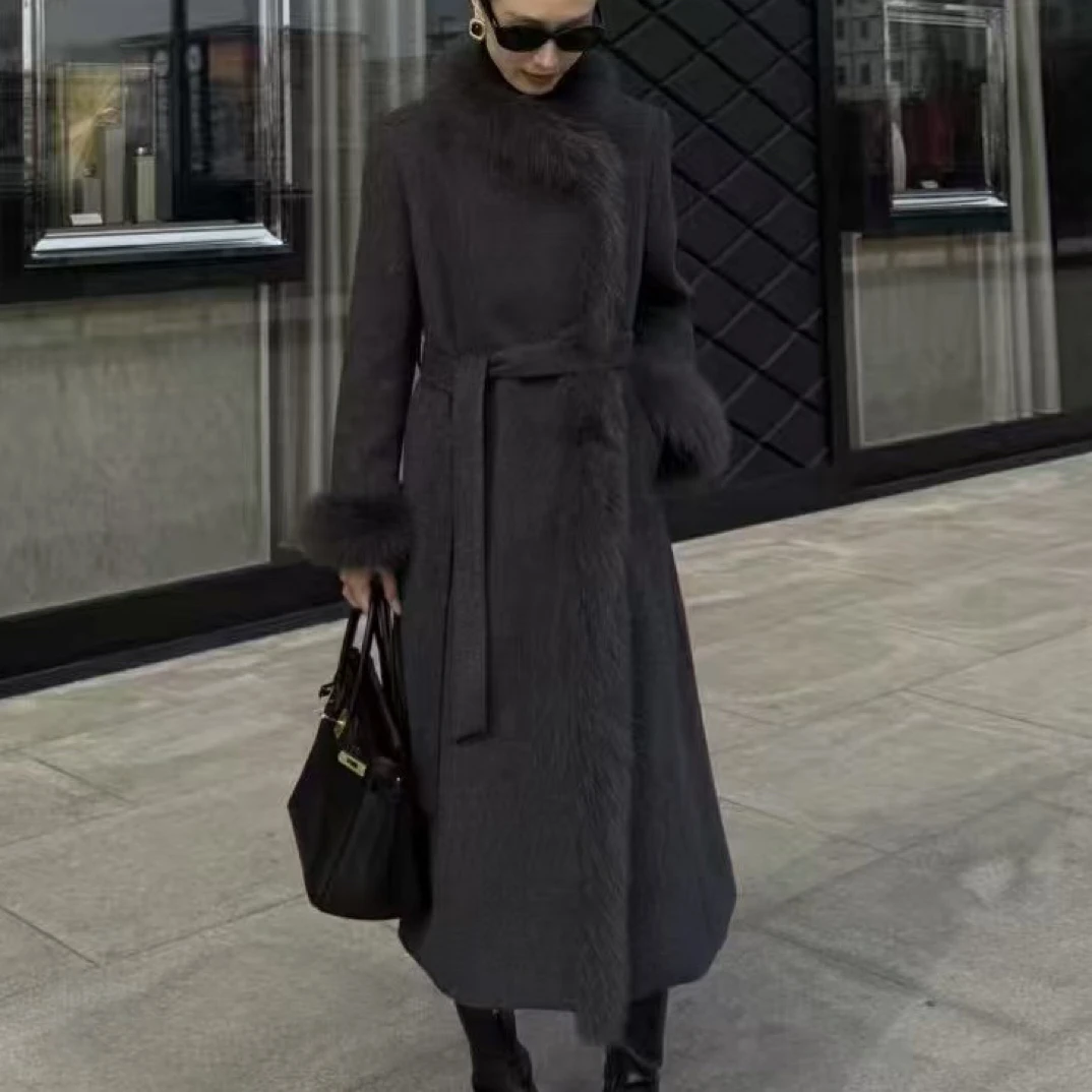冬季轻奢领气质收腰显瘦中长款可拆卸袖口羽绒毛呢外套