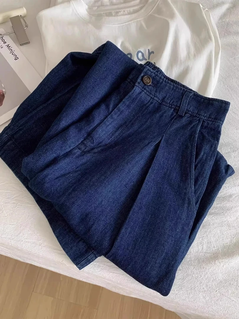 夏季新款日系复古深蓝色牛仔裤女胖mm梨型身材遮肉显瘦阔腿奶奶裤