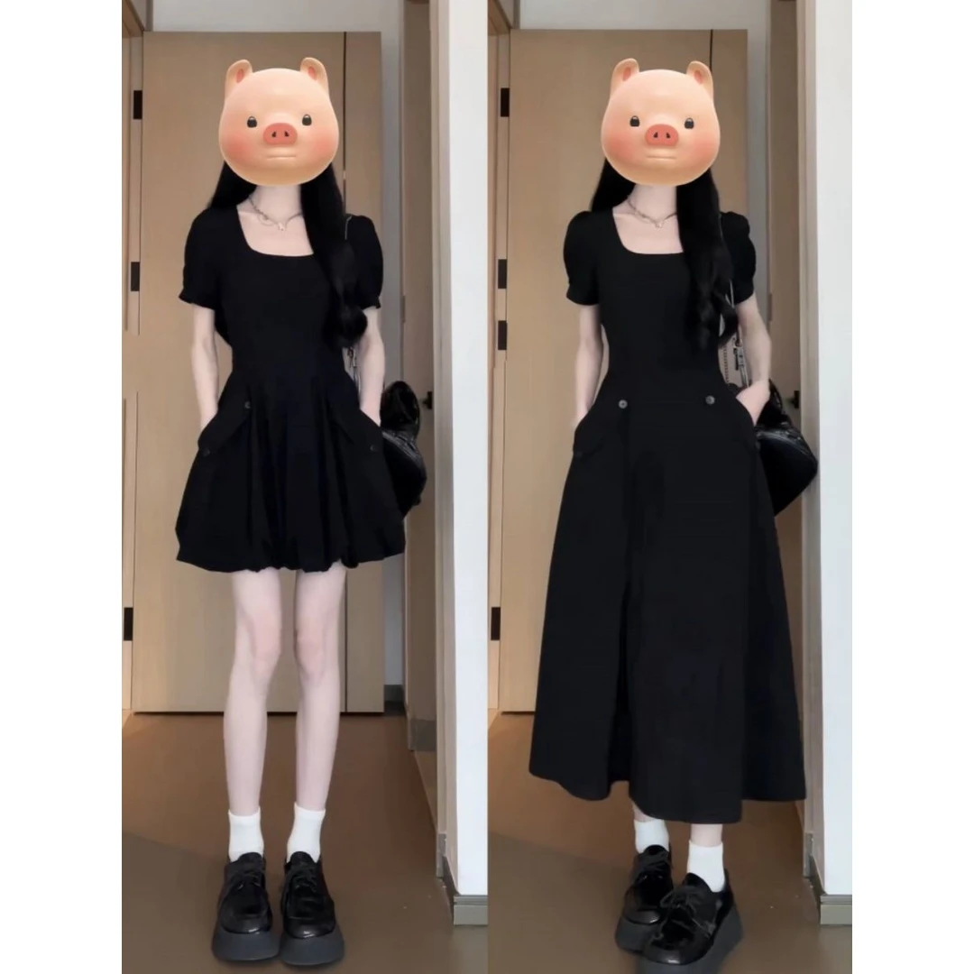 新疆乌市发货大码胖mm黑色赫本风方领连衣裙子女夏2025新款法式收