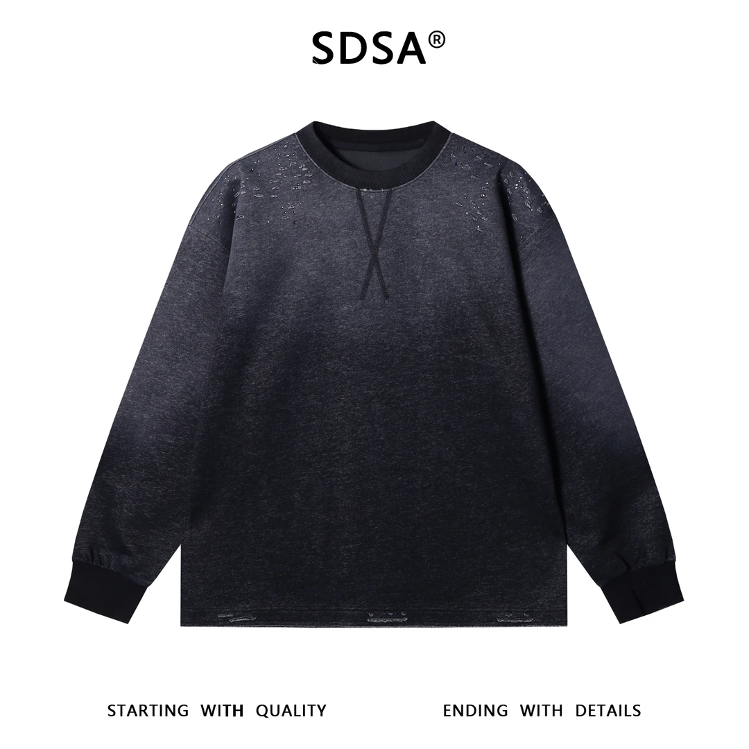 SDSA男士秋冬新款痞帅男装简约渐变磨破圆领长袖T恤时尚百搭上衣