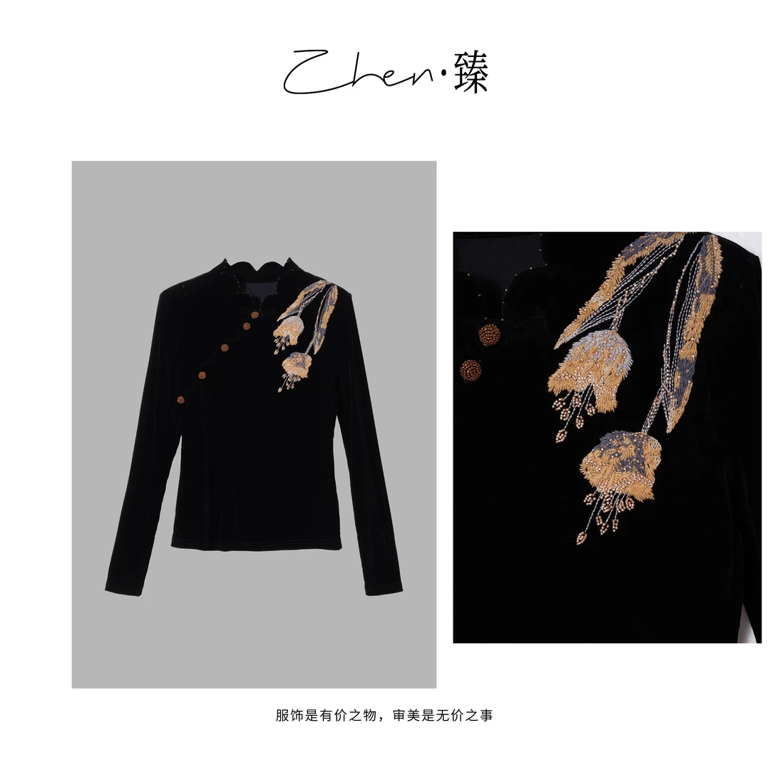 ZHEN.臻 新中式花瓣领斜襟刺绣钉珠亮片奢品丝绒衬衫CS8814Z