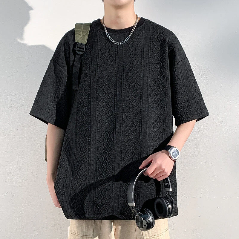 提花夏季新款肌理感男港风潮流上衣纯色简约宽松百搭休闲短袖T恤