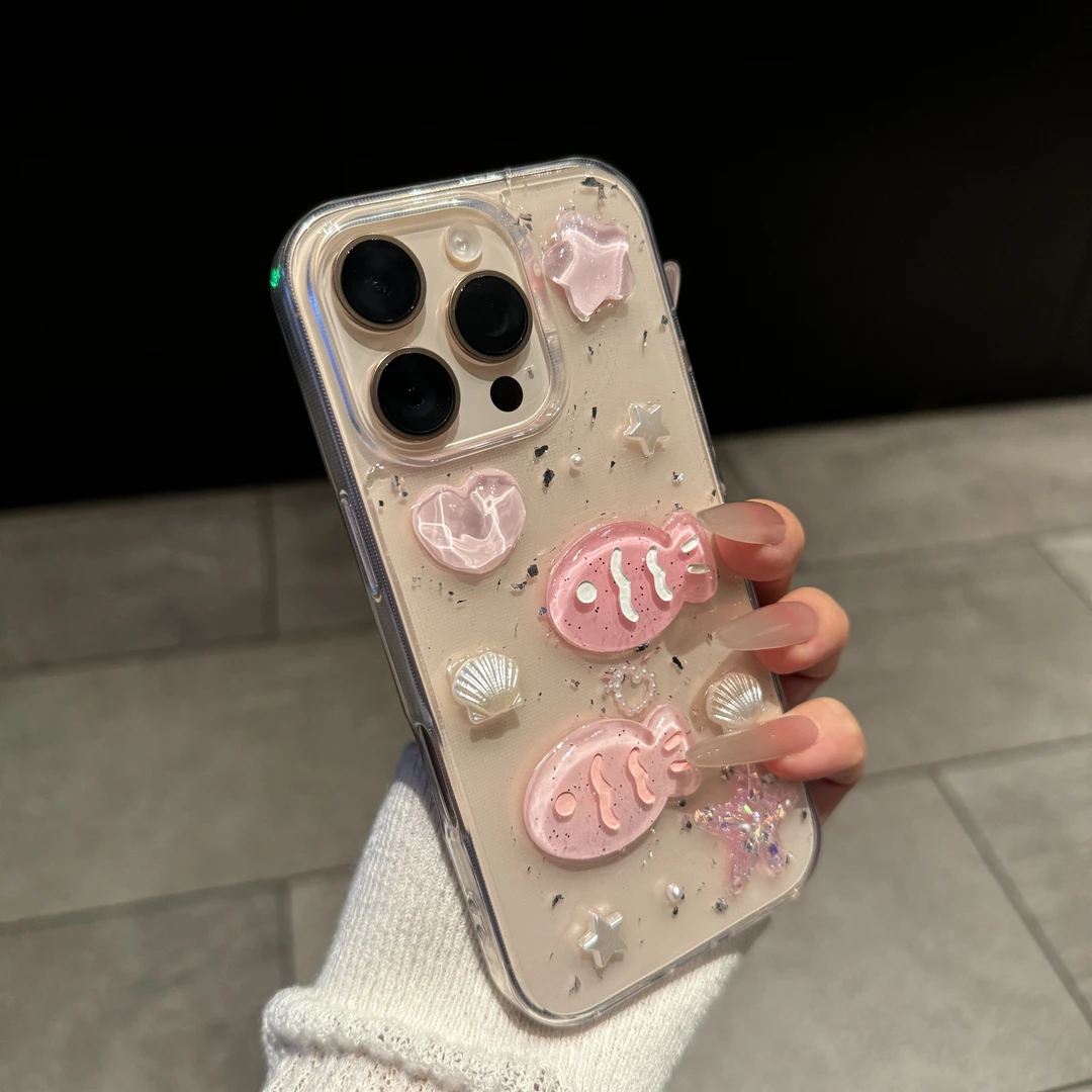 立体滴胶海洋贝壳小鱼适用iPhone16Promax苹果15手机壳14可爱13硬