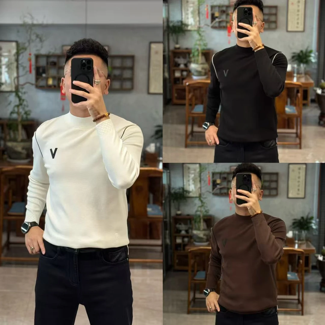 72868欧货时尚修身保暖百搭高级圆领纯色男士长袖针织衫