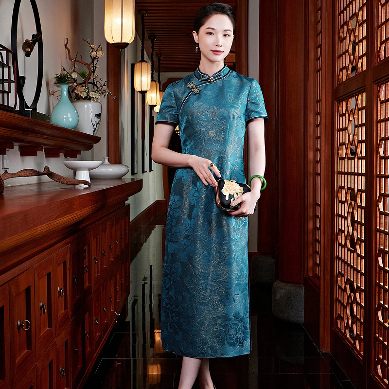 【云缕拈香】织金正绢桑蚕丝提花蓝夏季复古显瘦修身中式旗袍W25129