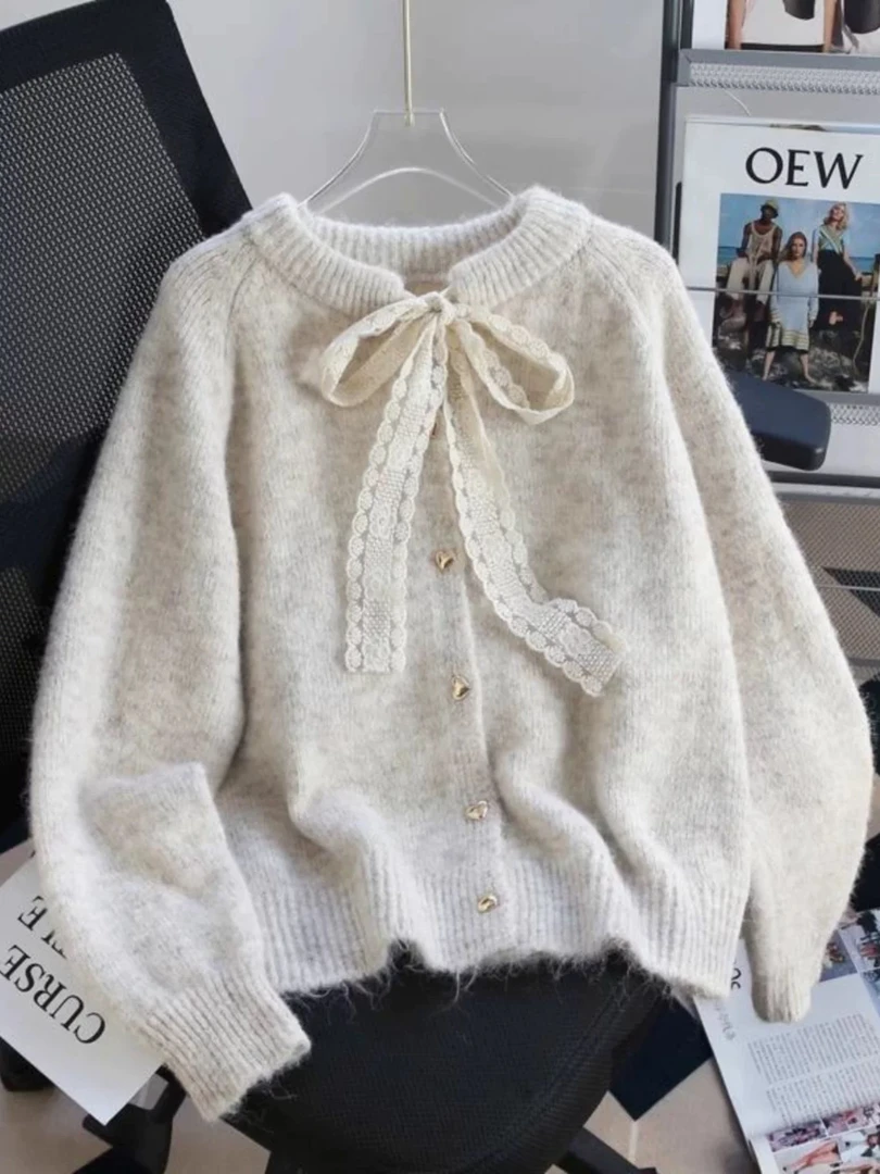设计感蕾丝系带毛衣开衫女2025新款春秋季慵懒风加厚软糯针织外套