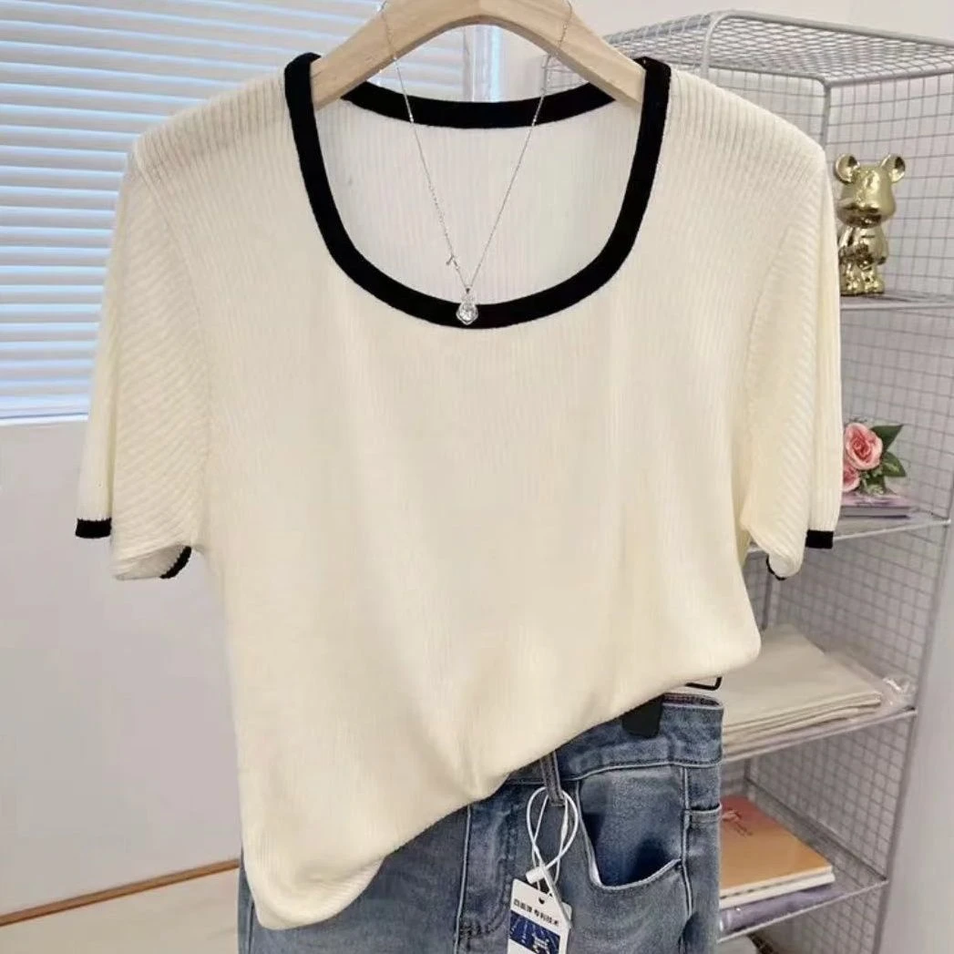 法式显瘦小u领时髦拼色T恤上衣女夏季宽松薄款针织短袖打底女装